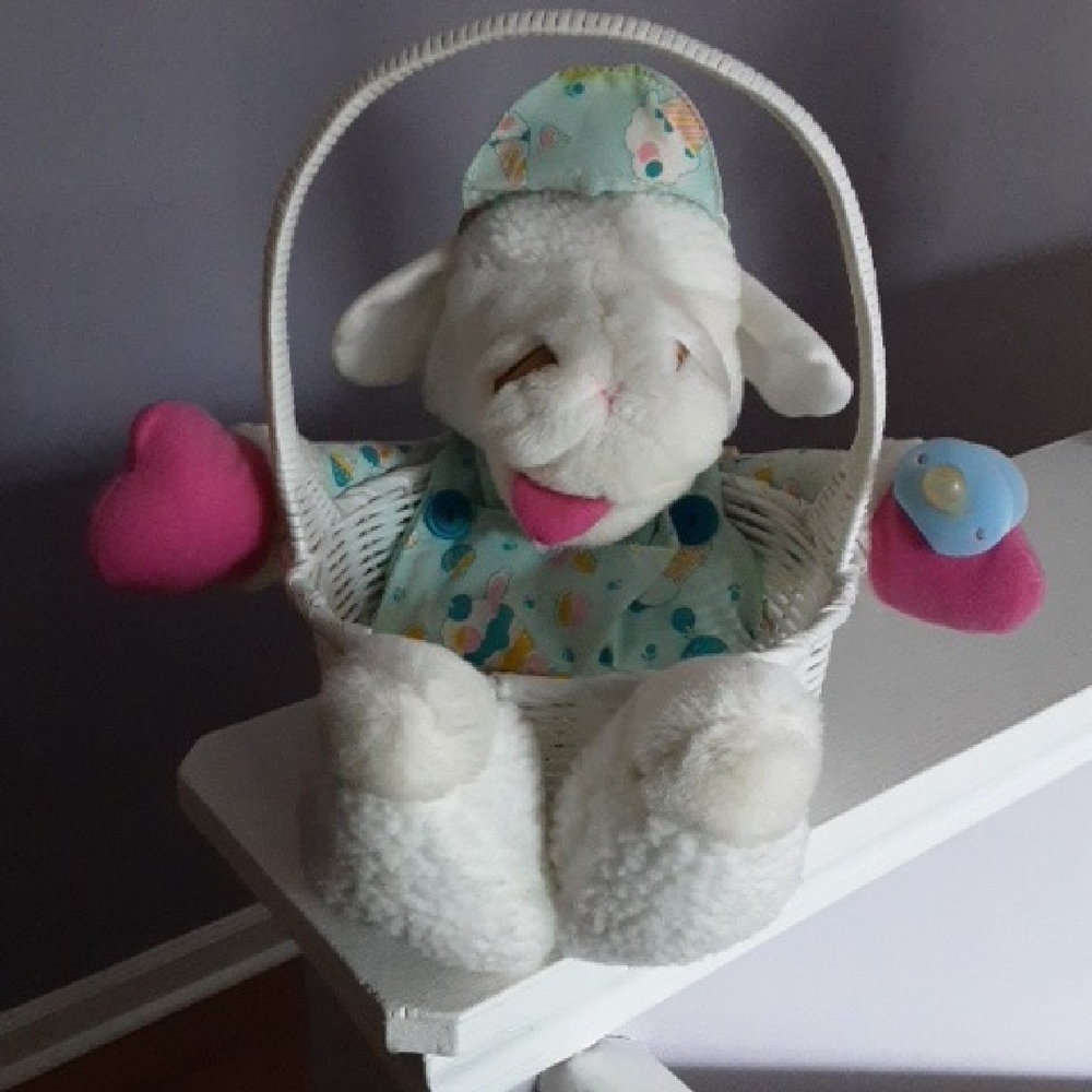 Pink and White Stuffed Animal Lamb with Basket